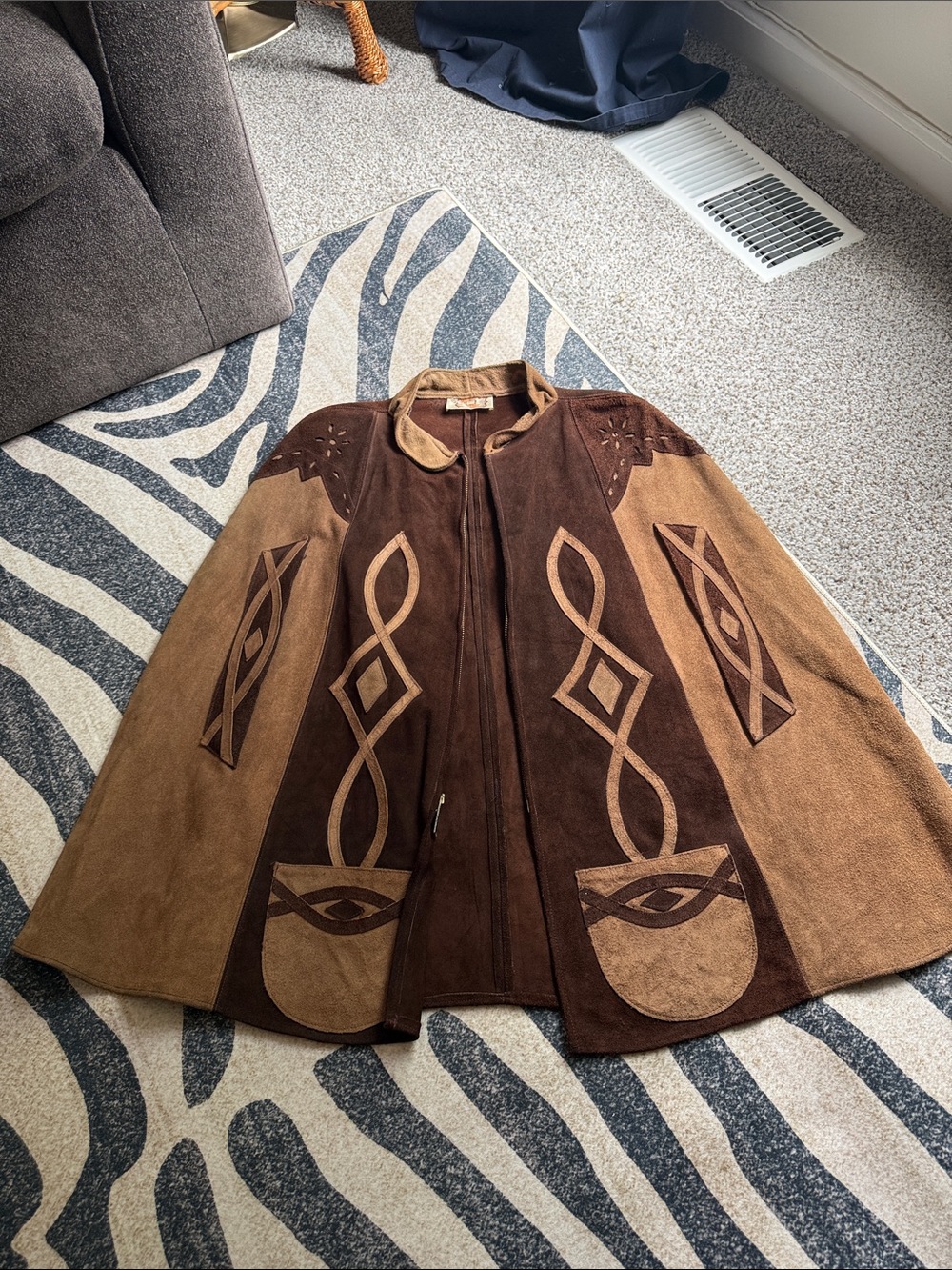 Vintage Mexican Suede Leather Cape Poncho Brown/Tan Western Boho